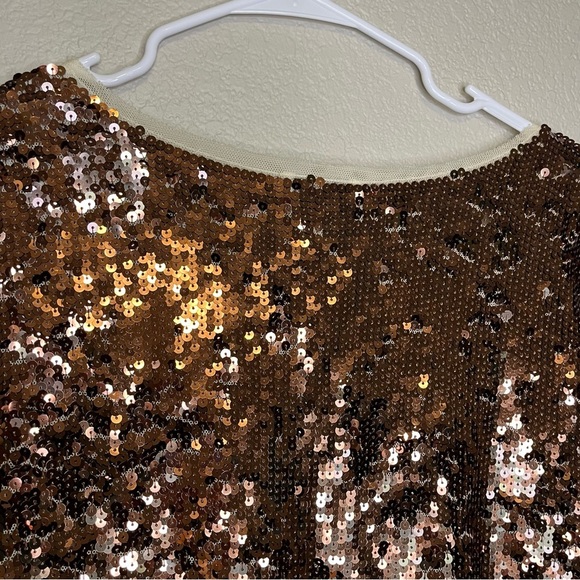 Ann Taylor LOFT Bronze and Cream Sequin Mesh Cap Sleeve Top Size Medium - Picture 12 of 13